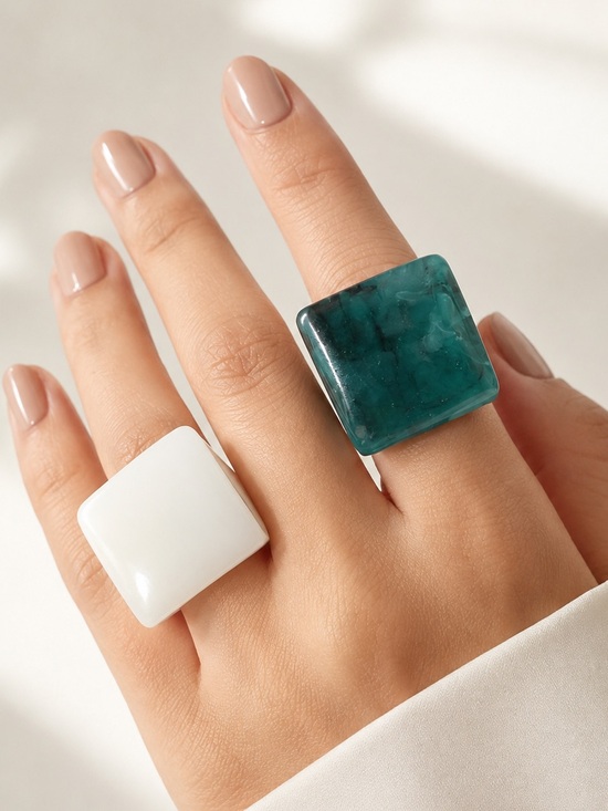 The Unbranded Brand Jewelry - Chunky Square Statement Ring Set | White & Teal Green Oversized Rings